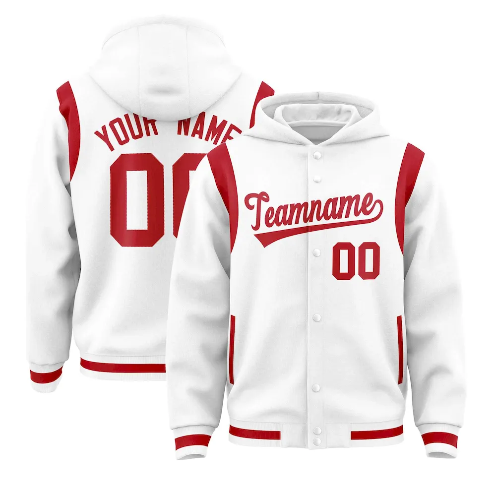 Custom White Red Varsity Full-Snap Letterman Shoulder Color Block Jacket Hoodie