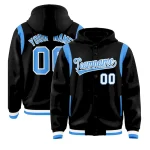 Custom Black Powder Blue Varsity Full-Snap Letterman Shoulder Color Block Jacket Hoodie
