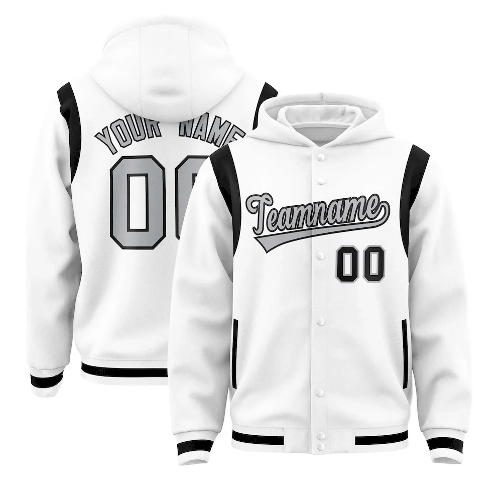 Custom White Silver Varsity Full-Snap Letterman Shoulder Color Block Jacket Hoodie
