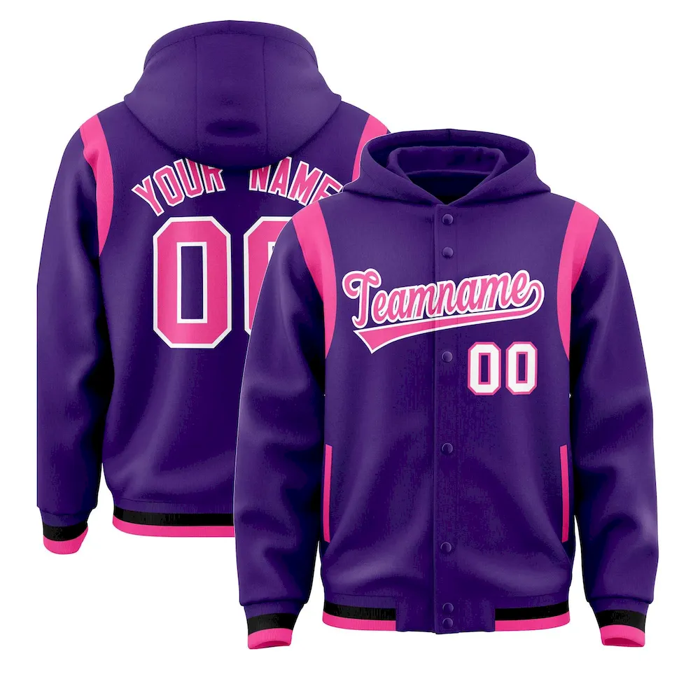 Custom Purple Pink Varsity Full-Snap Letterman Shoulder Color Block Jacket Hoodie