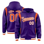 Custom Purple Orange Varsity Full-Snap Letterman Shoulder Color Block Jacket Hoodie