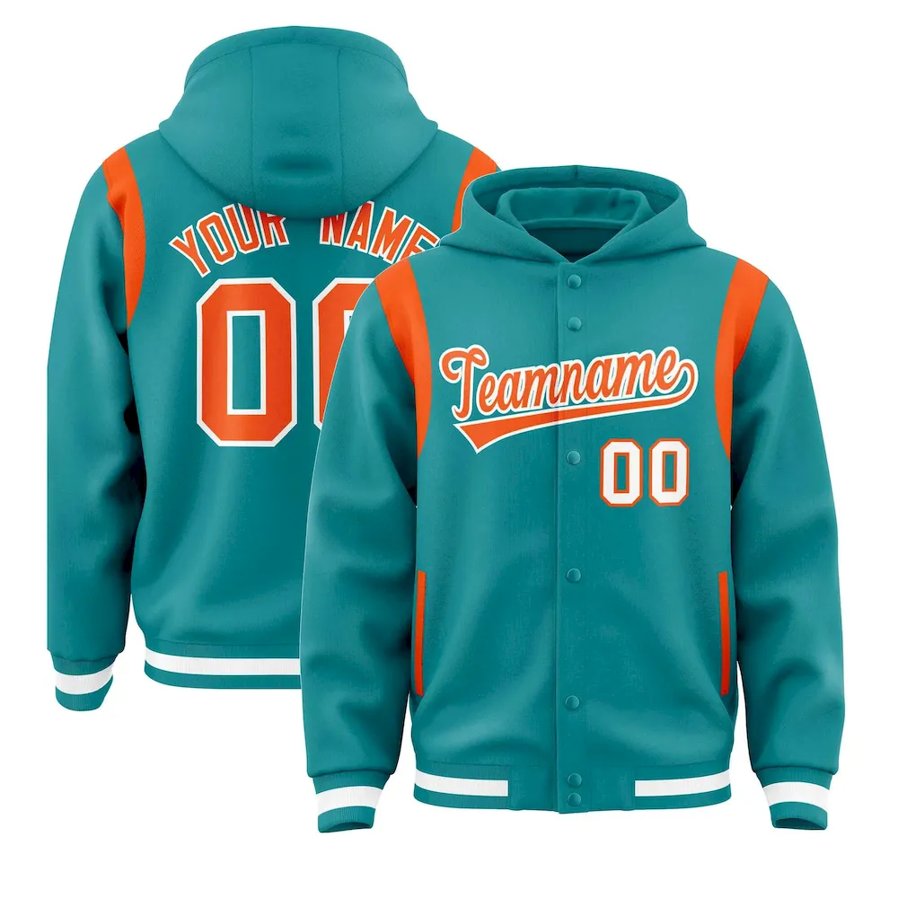 Custom Aqua Orange Varsity Full-Snap Letterman Shoulder Color Block Jacket Hoodie