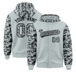 Custom Silver Gray-Black Raglan Sleeves Varsity Full-Snap Letterman Camo Jacket Hoodie