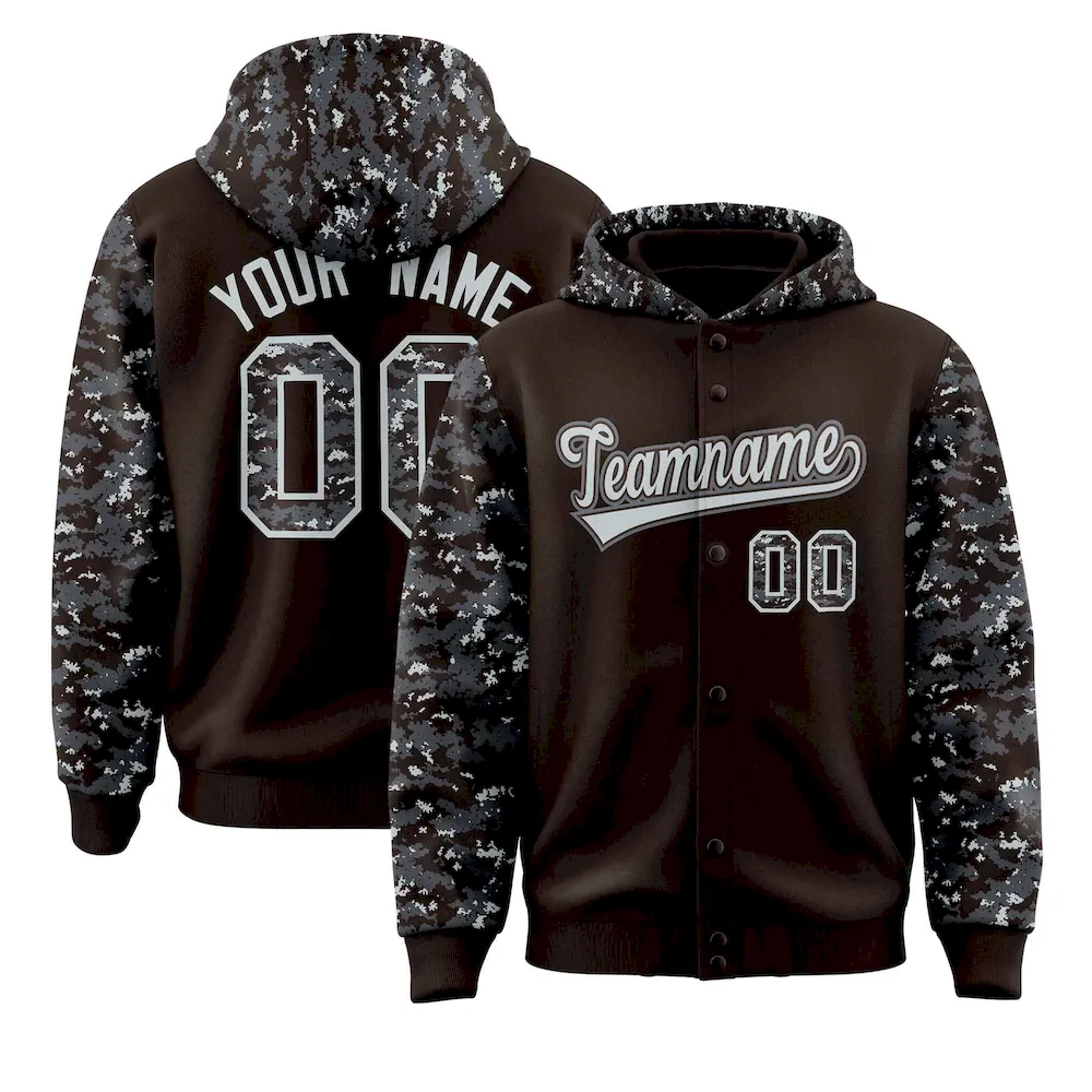 Custom Brown Gray-Silver Raglan Sleeves Varsity Full-Snap Letterman Camo Jacket Hoodie