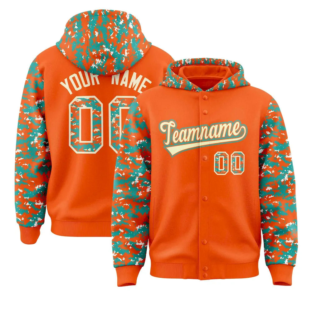 Custom Orange Aqua-Cream Raglan Sleeves Varsity Full-Snap Letterman Camo Jacket Hoodie