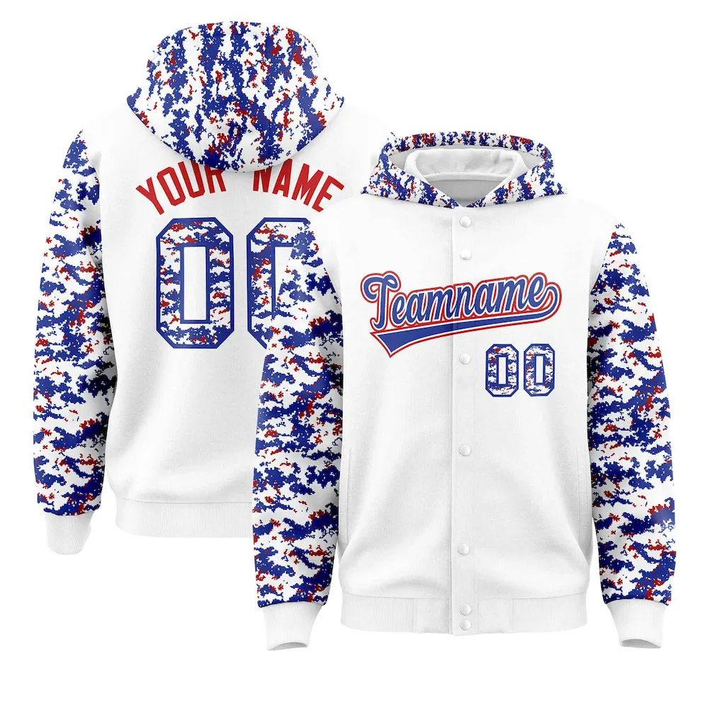 Custom White Royal-Red Raglan Sleeves Varsity Full-Snap Letterman Camo Jacket Hoodie