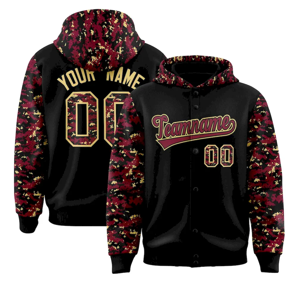 Custom Black Crimson-Khaki Raglan Sleeves Varsity Full-Snap Letterman Camo Jacket Hoodie