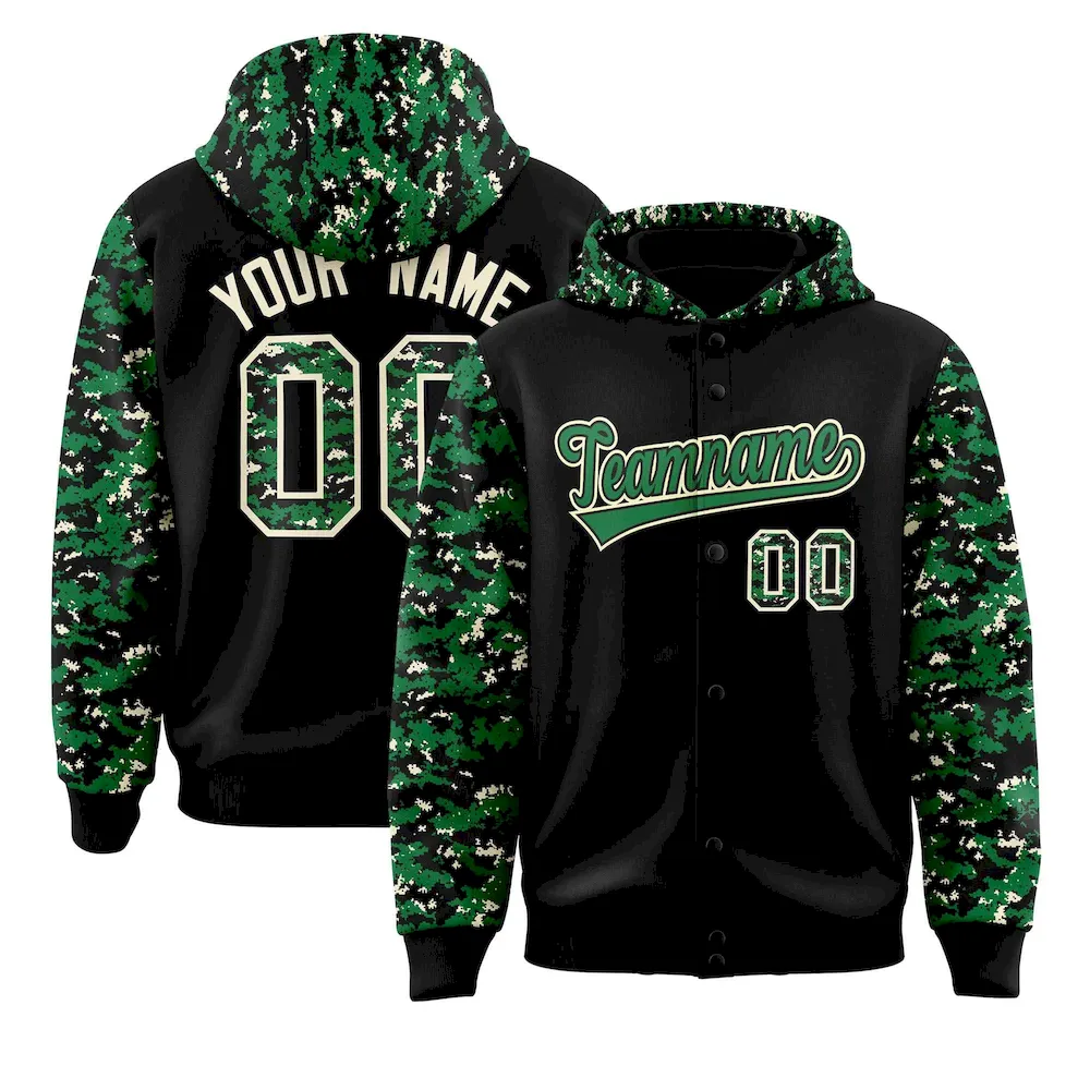 Custom Black Kelly Green-Cream Raglan Sleeves Varsity Full-Snap Letterman Camo Jacket Hoodie