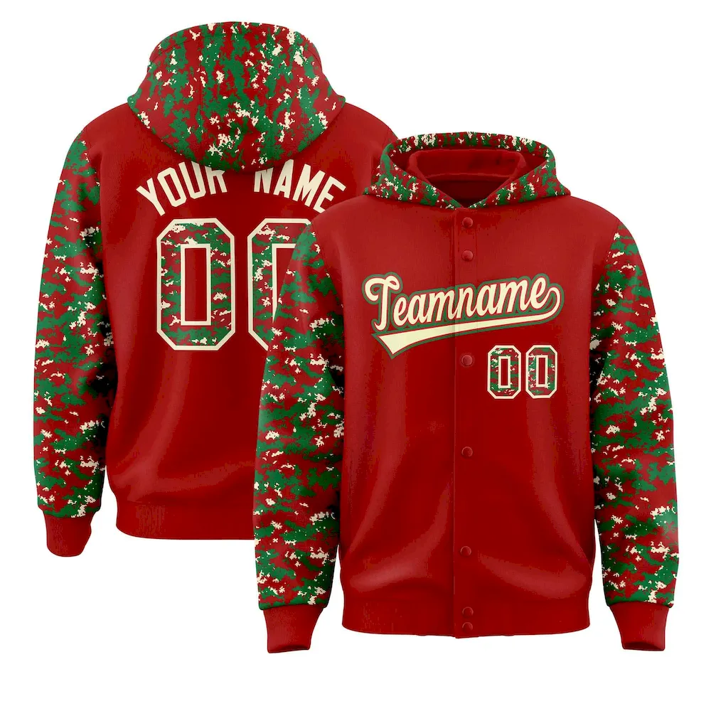 Custom Red Kelly Green-Cream Raglan Sleeves Varsity Full-Snap Letterman Camo Jacket Hoodie