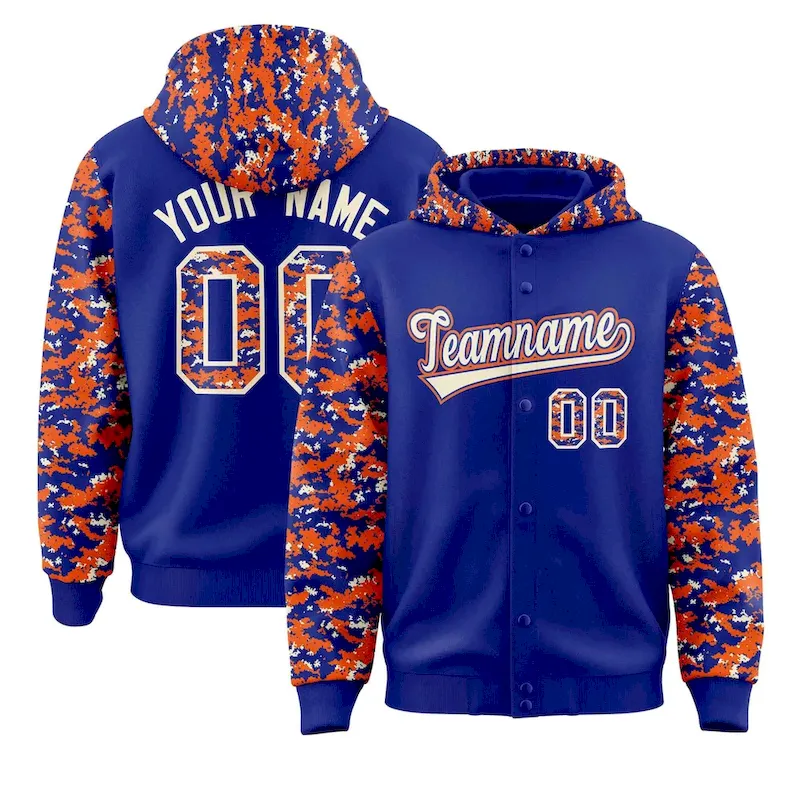 Custom Royal Orange-Cream Raglan Sleeves Varsity Full-Snap Letterman Camo Jacket Hoodie