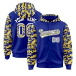 Custom Royal Gold-Cream Raglan Sleeves Varsity Full-Snap Letterman Camo Jacket Hoodie