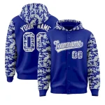 Custom Royal Silver-Cream Raglan Sleeves Varsity Full-Snap Letterman Camo Jacket Hoodie