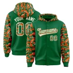 Custom Kelly Green Orange-Cream Raglan Sleeves Varsity Full-Snap Letterman Camo Jacket Hoodie