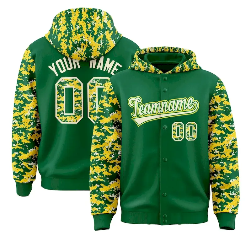 Custom Kelly Green Gold-Cream Raglan Sleeves Varsity Full-Snap Letterman Camo Jacket Hoodie