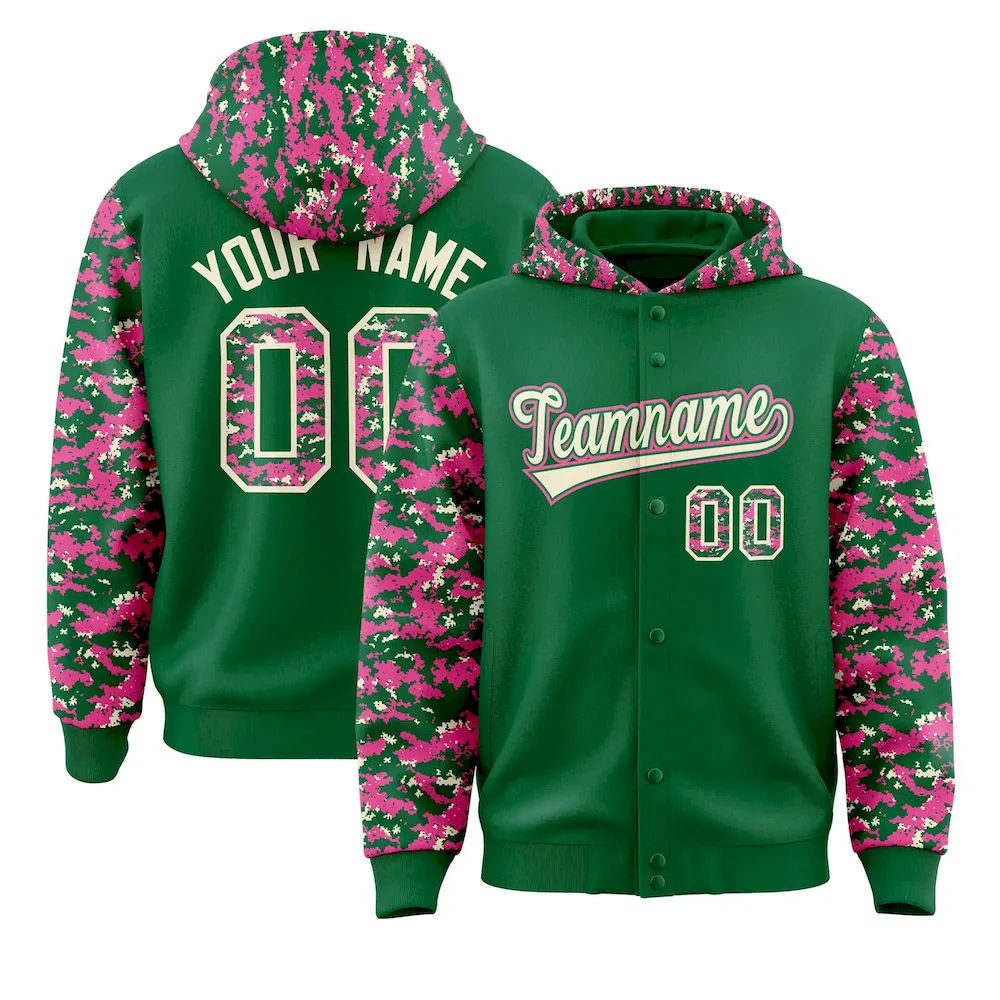Custom Kelly Green Pink-Cream Raglan Sleeves Varsity Full-Snap Letterman Camo Jacket Hoodie