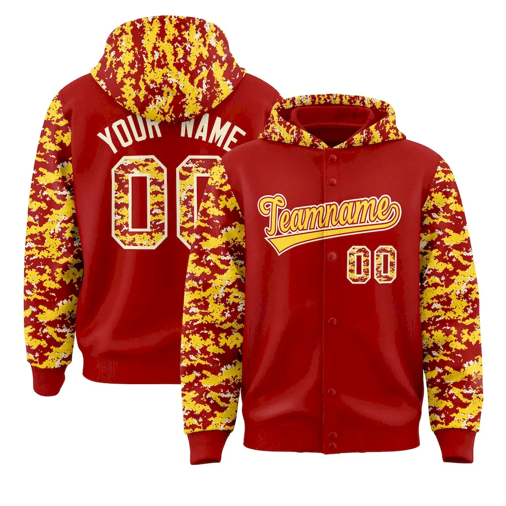Custom Red Gold-Cream Raglan Sleeves Varsity Full-Snap Letterman Camo Jacket Hoodie