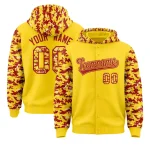 Custom Gold Red-Cream Raglan Sleeves Varsity Full-Snap Letterman Camo Jacket Hoodie