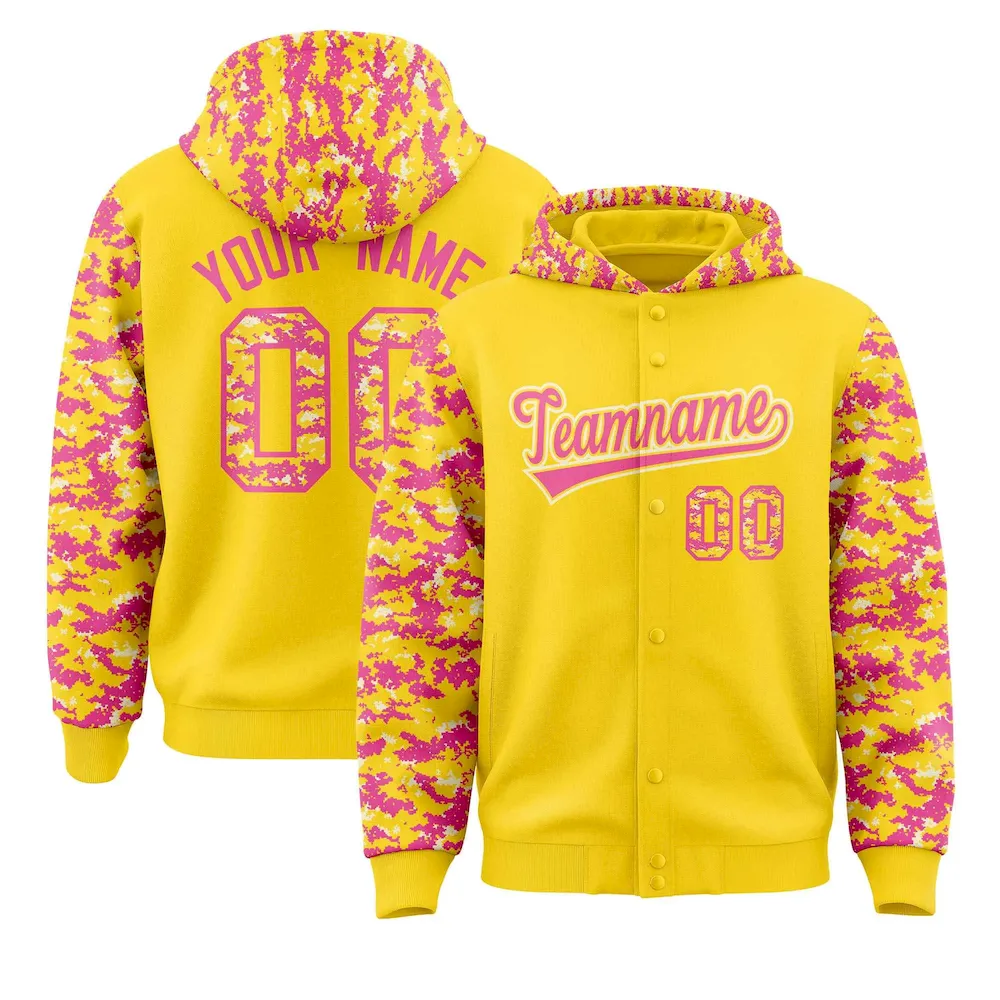 Custom Gold Pink-Cream Raglan Sleeves Varsity Full-Snap Letterman Camo Jacket Hoodie
