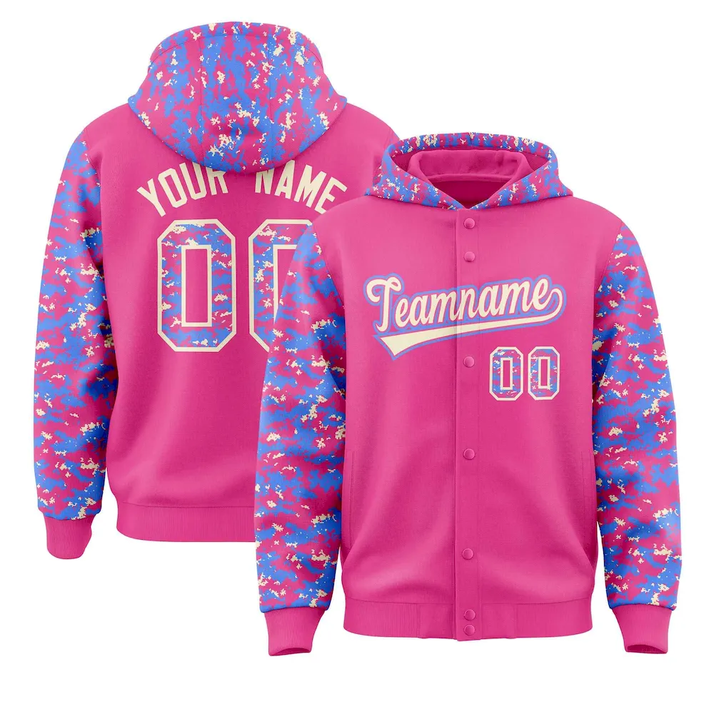 Custom Pink Powder Blue-Cream Raglan Sleeves Varsity Full-Snap Letterman Camo Jacket Hoodie
