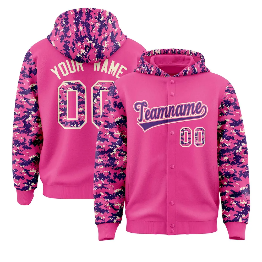 Custom Pink Purple-Cream Raglan Sleeves Varsity Full-Snap Letterman Camo Jacket Hoodie