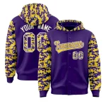 Custom Purple Gold-Cream Raglan Sleeves Varsity Full-Snap Letterman Camo Jacket Hoodie