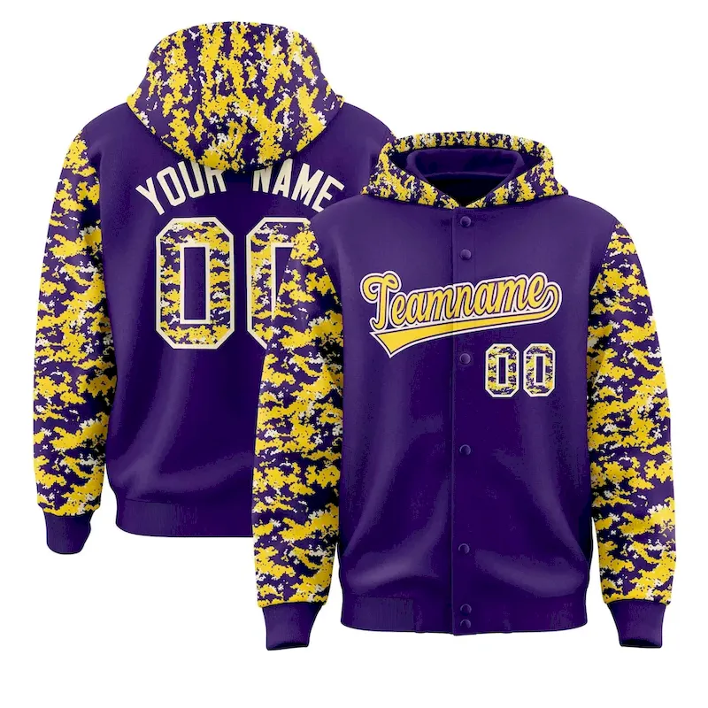 Custom Purple Gold-Cream Raglan Sleeves Varsity Full-Snap Letterman Camo Jacket Hoodie