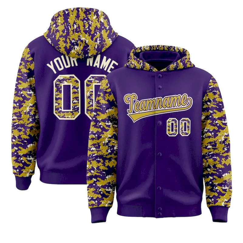 Custom Purple Old Gold-Cream Raglan Sleeves Varsity Full-Snap Letterman Camo Jacket Hoodie