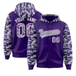 Custom Purple Silver-Cream Raglan Sleeves Varsity Full-Snap Letterman Camo Jacket Hoodie