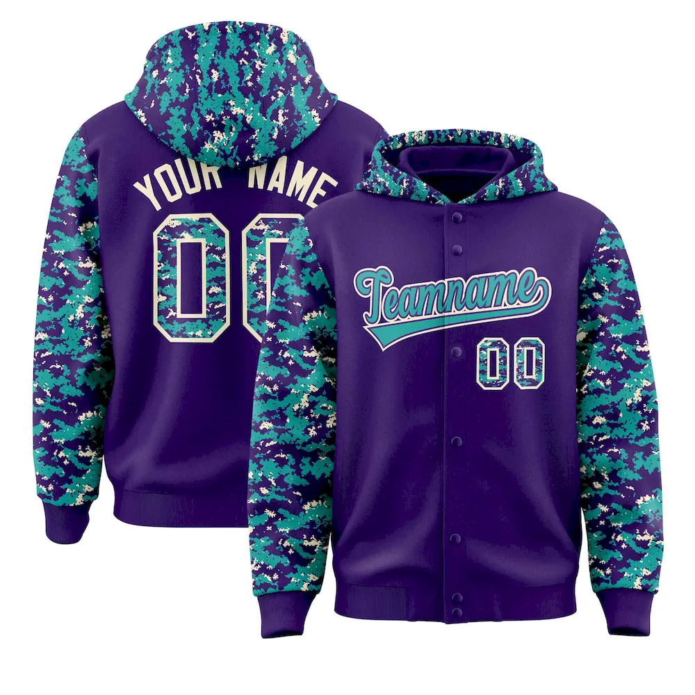 Custom Purple Aqua-Cream Raglan Sleeves Varsity Full-Snap Letterman Camo Jacket Hoodie