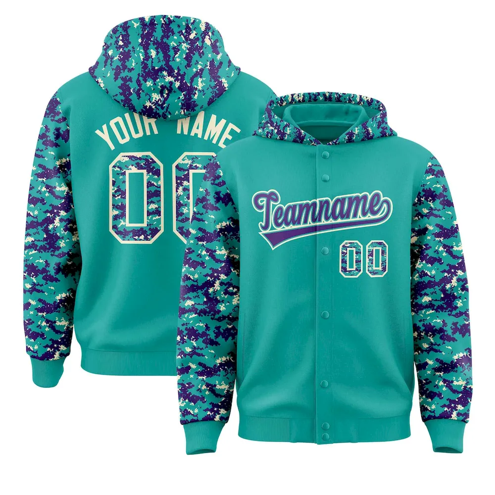 Custom Aqua Purple-Cream Raglan Sleeves Varsity Full-Snap Letterman Camo Jacket Hoodie