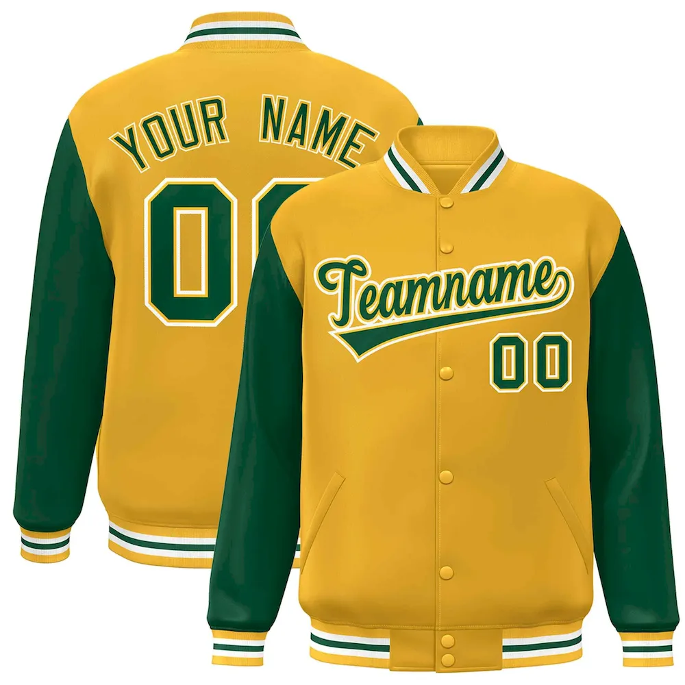 Custom Gold Green-Gold Raglan Sleeves Varsity Full-Snap Letterman Jacket