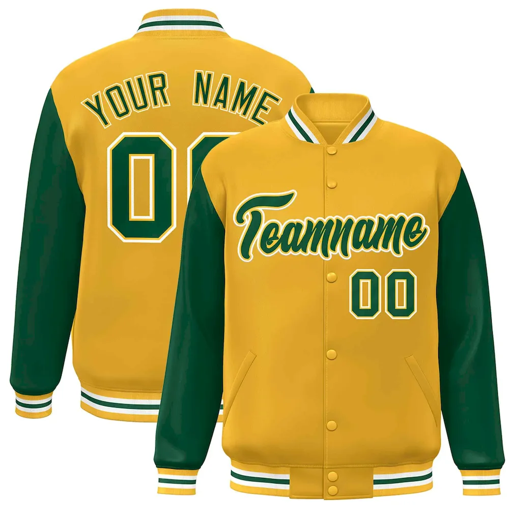 Custom Gold Green-Gold Raglan Sleeves Varsity Full-Snap Letterman Jacket
