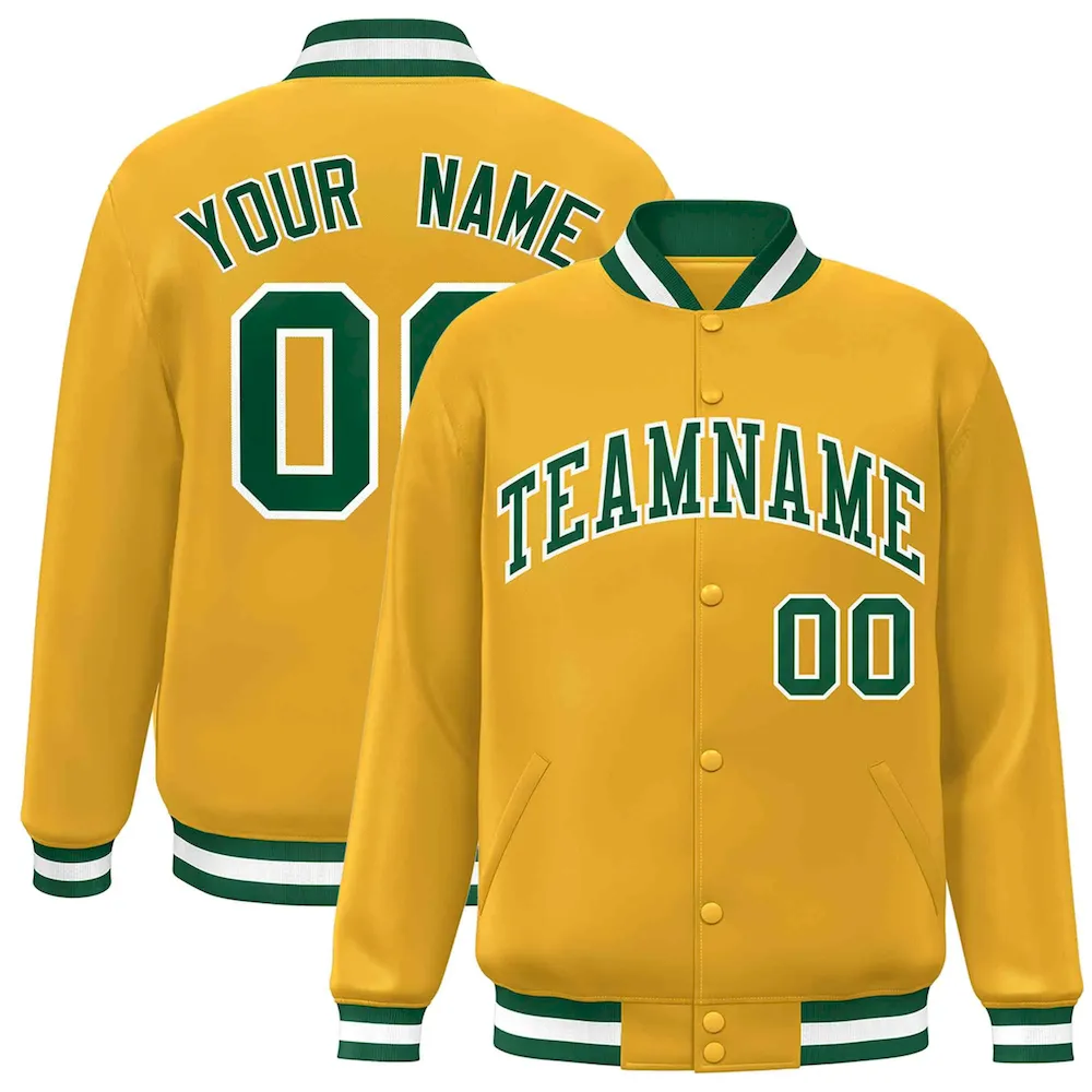 Custom Gold Green-White Classic Style Varsity Full-Snap Letterman Jacket