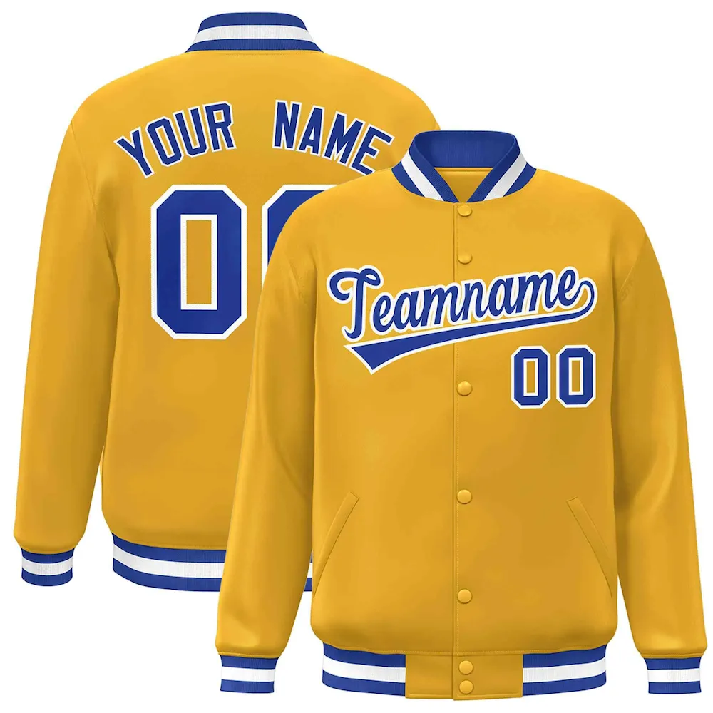Custom Gold White-Royal Classic Style Varsity Full-Snap Letterman Jacket