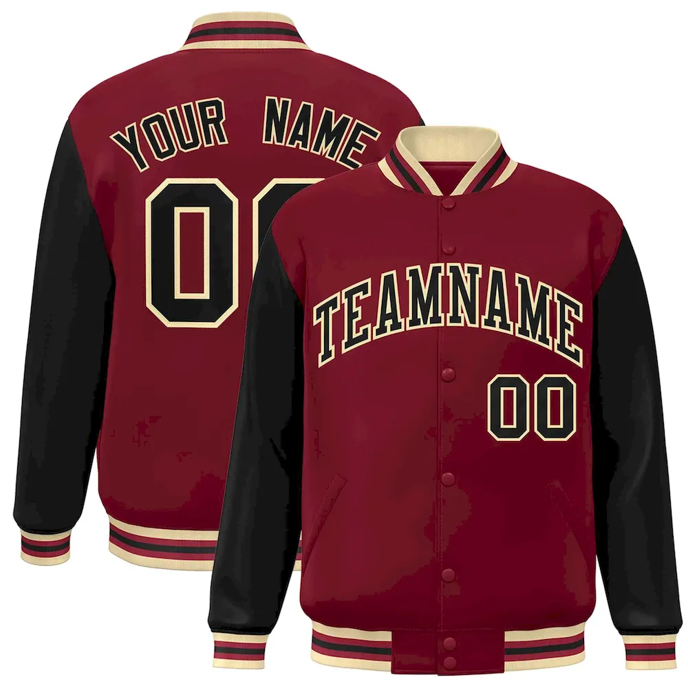 Custom Crimson Black-Khaki Raglan Sleeves Varsity Full-Snap Letterman Jacket