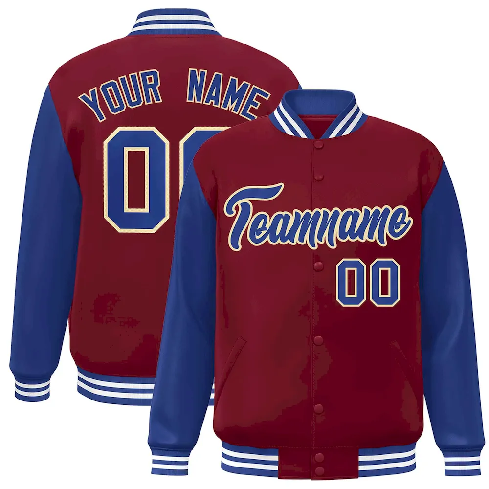 Custom Crimson Black-Khaki Raglan Sleeves Varsity Full-Snap Letterman Jacket
