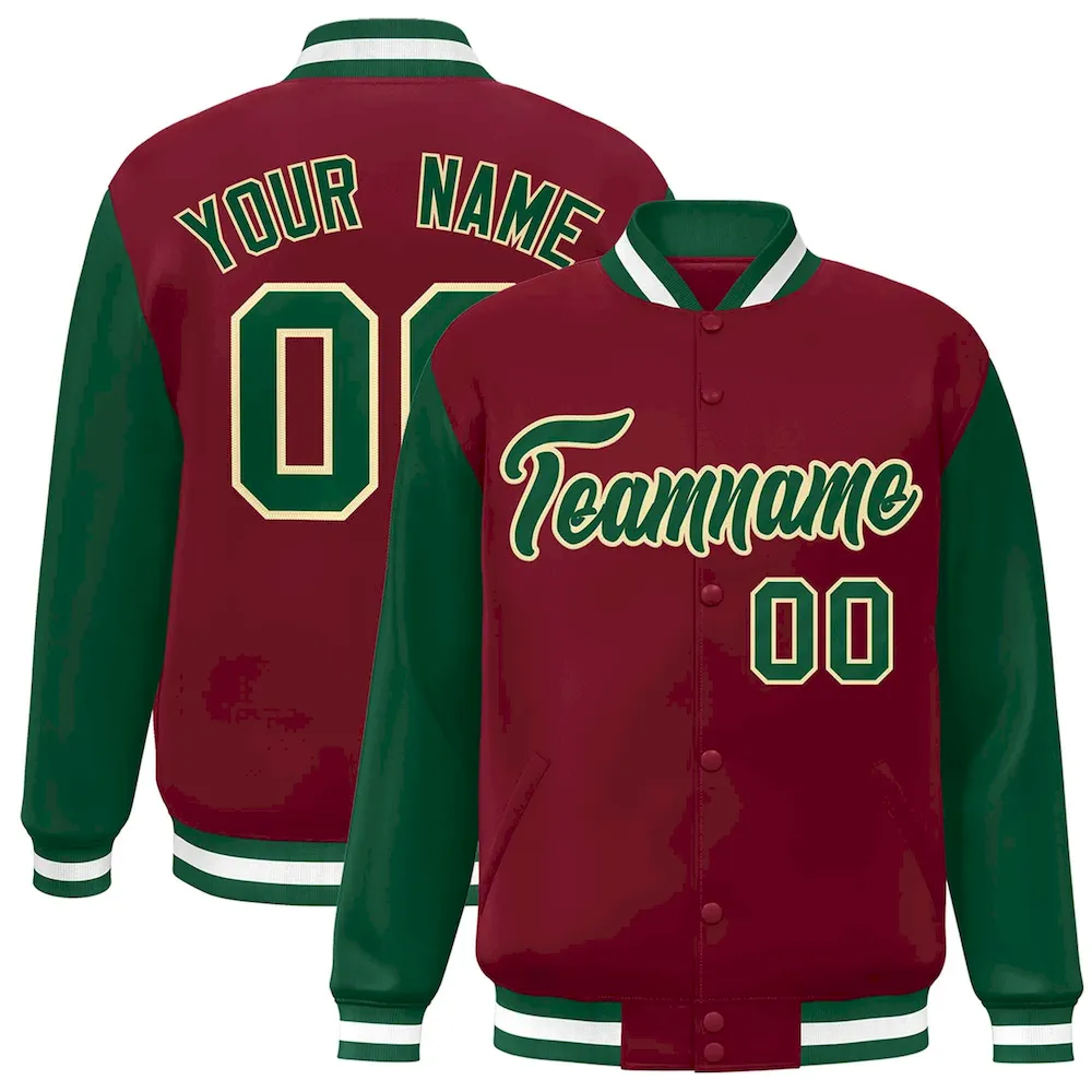 Custom Crimson Green-Khaki Raglan Sleeves Varsity Full-Snap Letterman Jacket