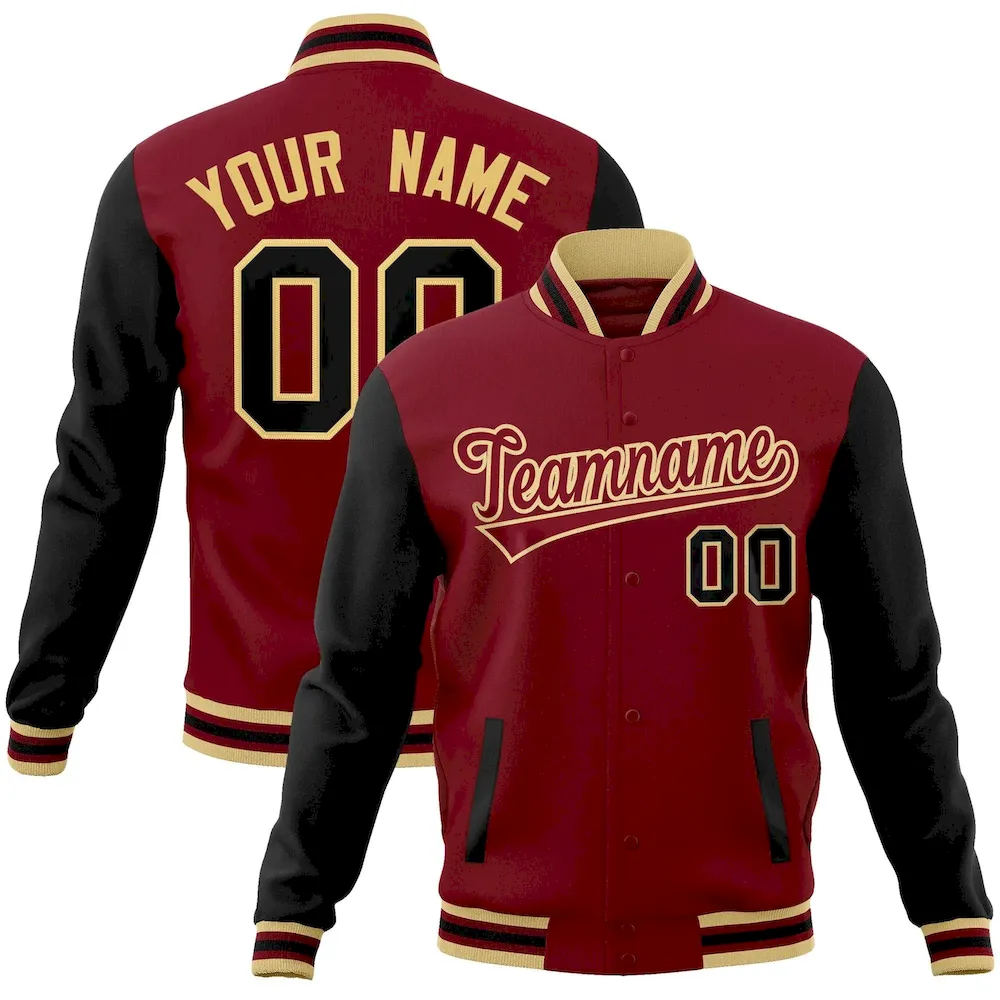 Custom Crimson Crimson-Khaki Raglan Sleeves Varsity Full-Snap Letterman Jacket