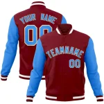Custom Crimson Powder Blue-Khaki Raglan Sleeves Varsity Full-Snap Letterman Jacket