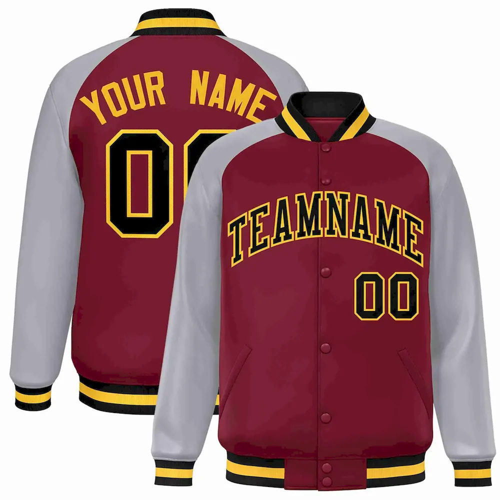 Custom Crimson Black-Gold Raglan Sleeves Varsity Full-Snap Letterman Jacket
