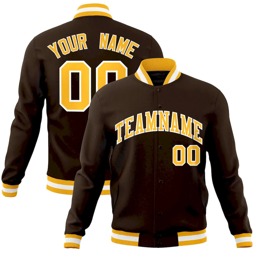 Custom Brown Yellow-White Classic Style Varsity Full-Snap Letterman Jacket