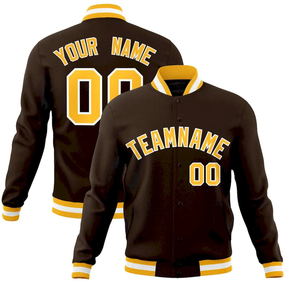 Custom Brown Yellow-White Classic Style Varsity Full-Snap Letterman Jacket