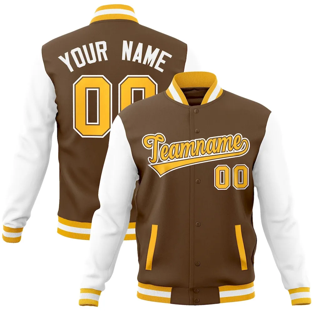 Custom Light Brown Gold-White Jacket Raglan Sleeves Varsity Full-Snap Letterman Jacket