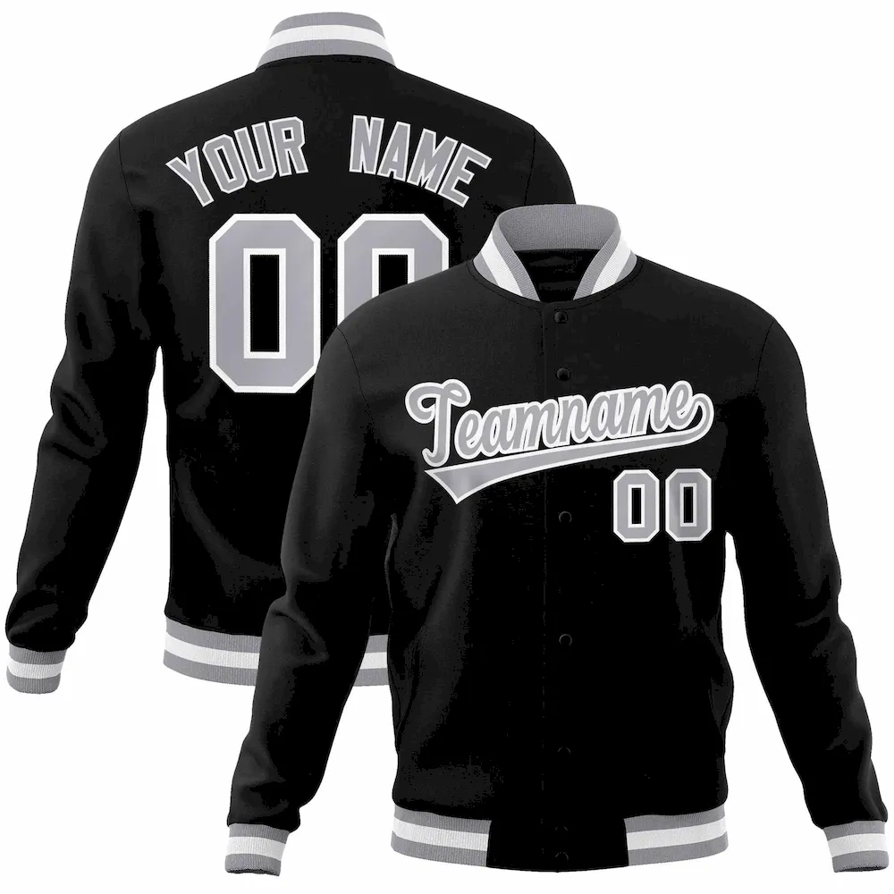 Custom Black Gray-White Classic Style Varsity Full-Snap Letterman Jacket