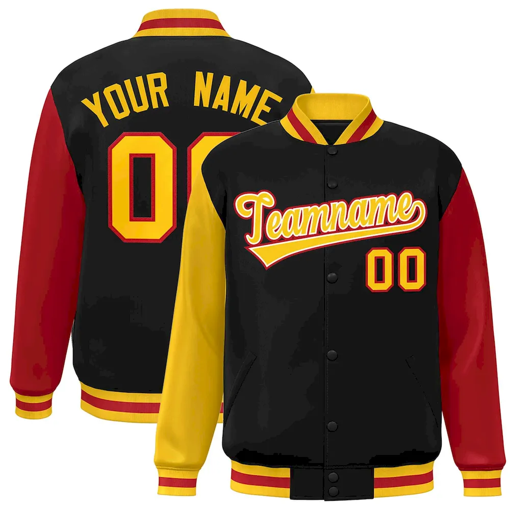 Custom Black Gold-White Raglan Sleeves Varsity Full-Snap Letterman Jacket
