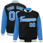 Custom Black Powder Blue-White Raglan Sleeves Varsity Full-Snap Letterman Jacket