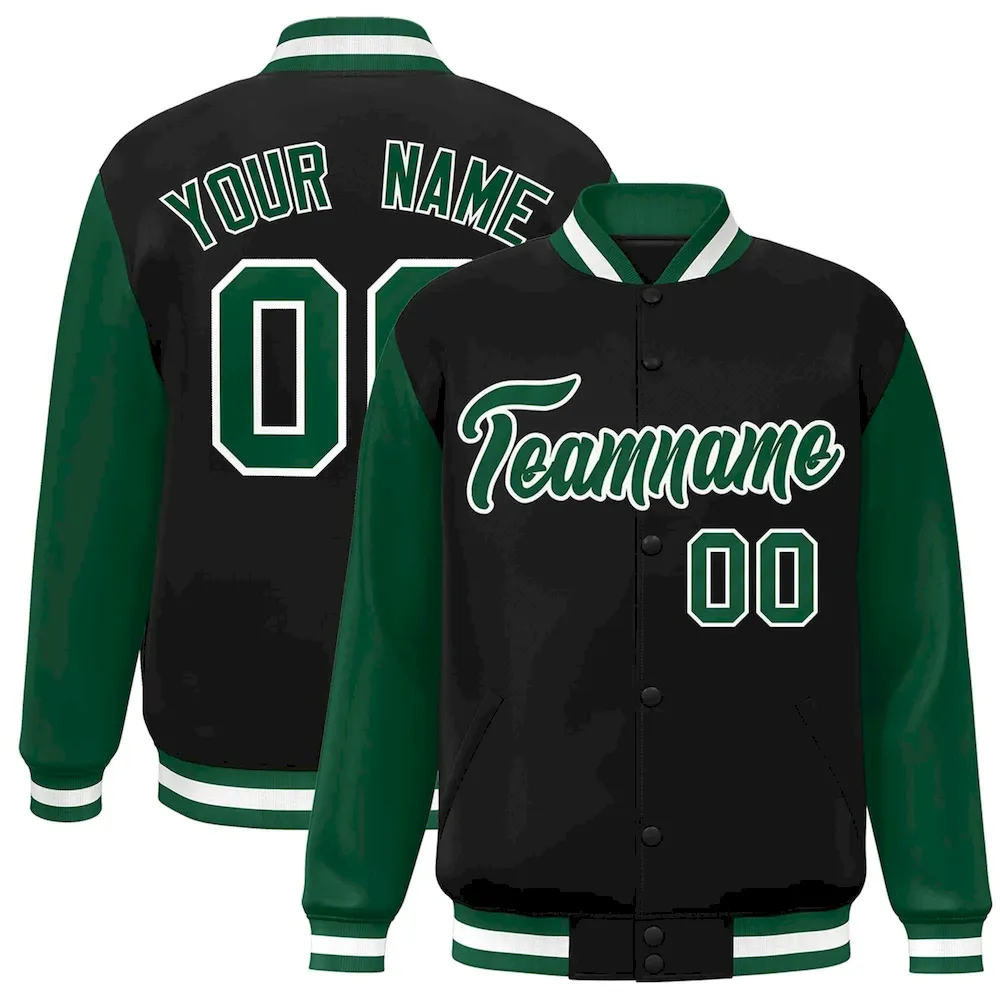 Custom Black Green-White Raglan Sleeves Varsity Full-Snap Letterman Jacket