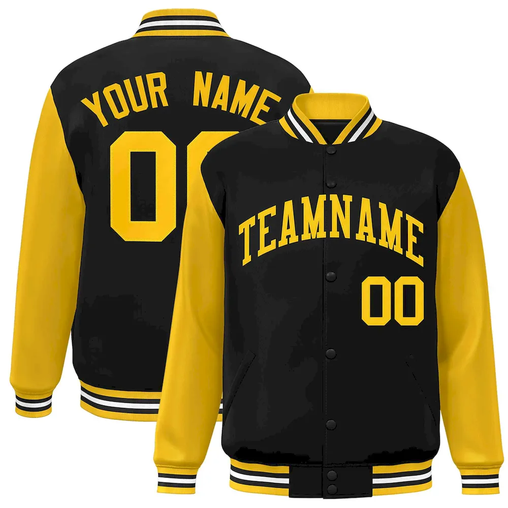 Custom Black Gold Raglan Sleeves Varsity Full-Snap Letterman Jacket