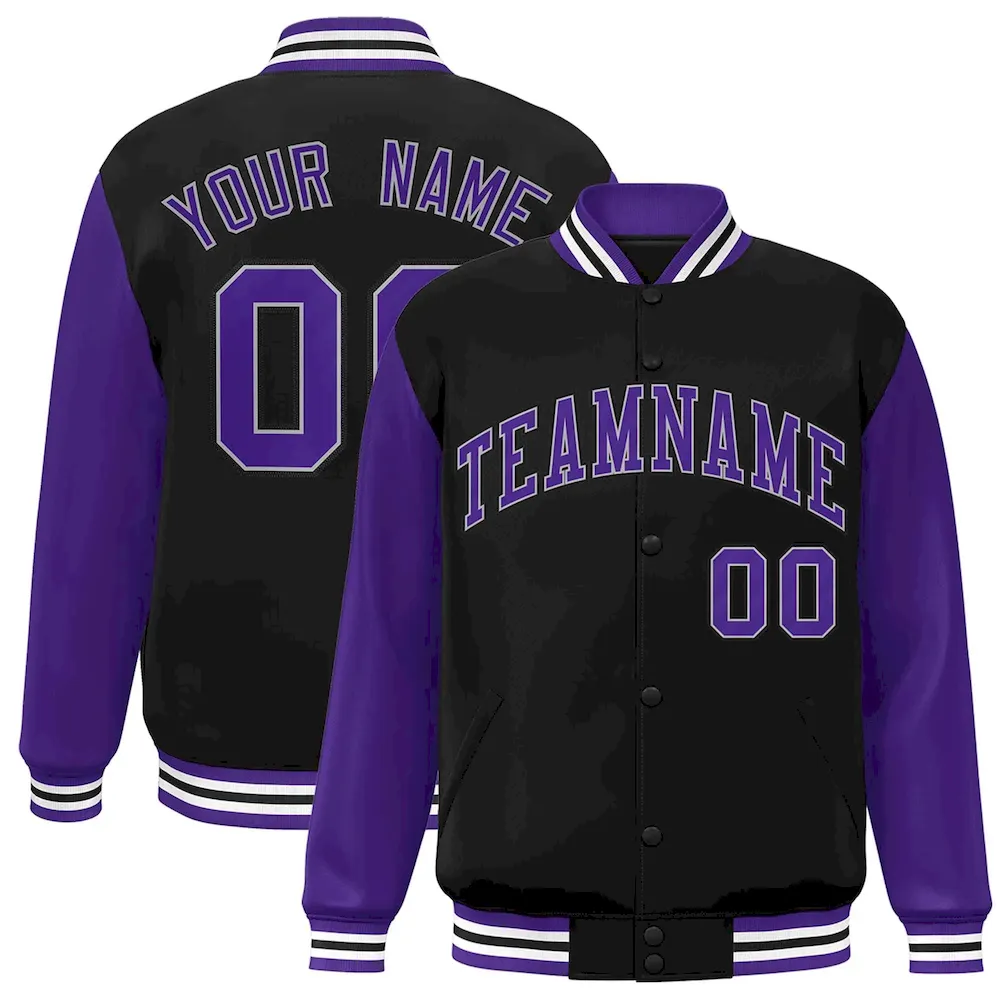 Custom Black Purple-White Raglan Sleeves Varsity Full-Snap Letterman Jacket