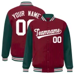 Custom Crimson Midnight Green Raglan Sleeves Varsity Full-Snap Pinstripe Letterman Baseball Jacket